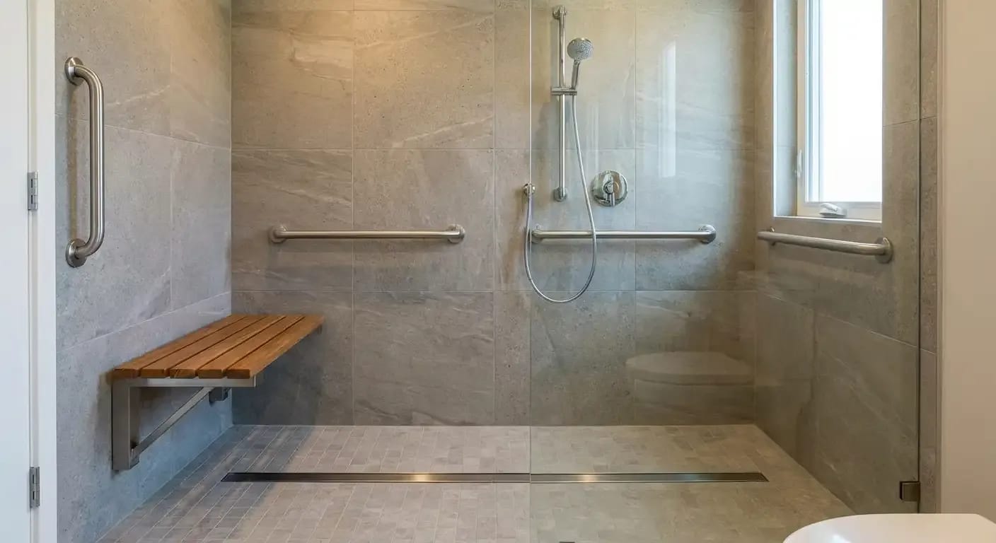 Douche de plain-pied adaptée avec siège rabattable et barres d'appui